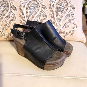 Otbt Jaunt Platform Black Leather Wedge Sling back Sandals., Women's Size 6 M